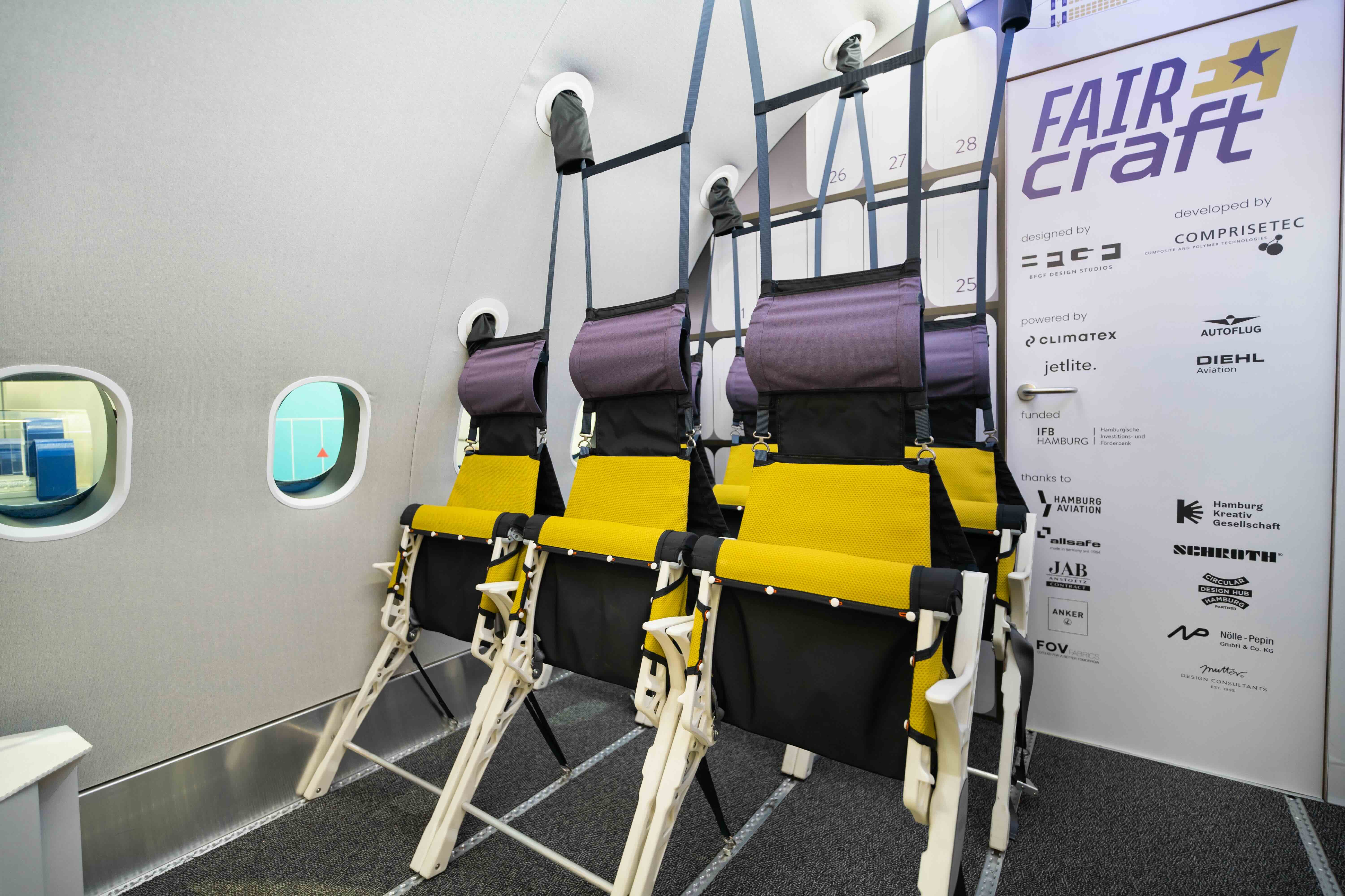 FAIRCRAFT-Sitze sparen durch leichte Textilien und den Verzicht auf schwere Metallgestelle die Hälfte an Gewicht ein.